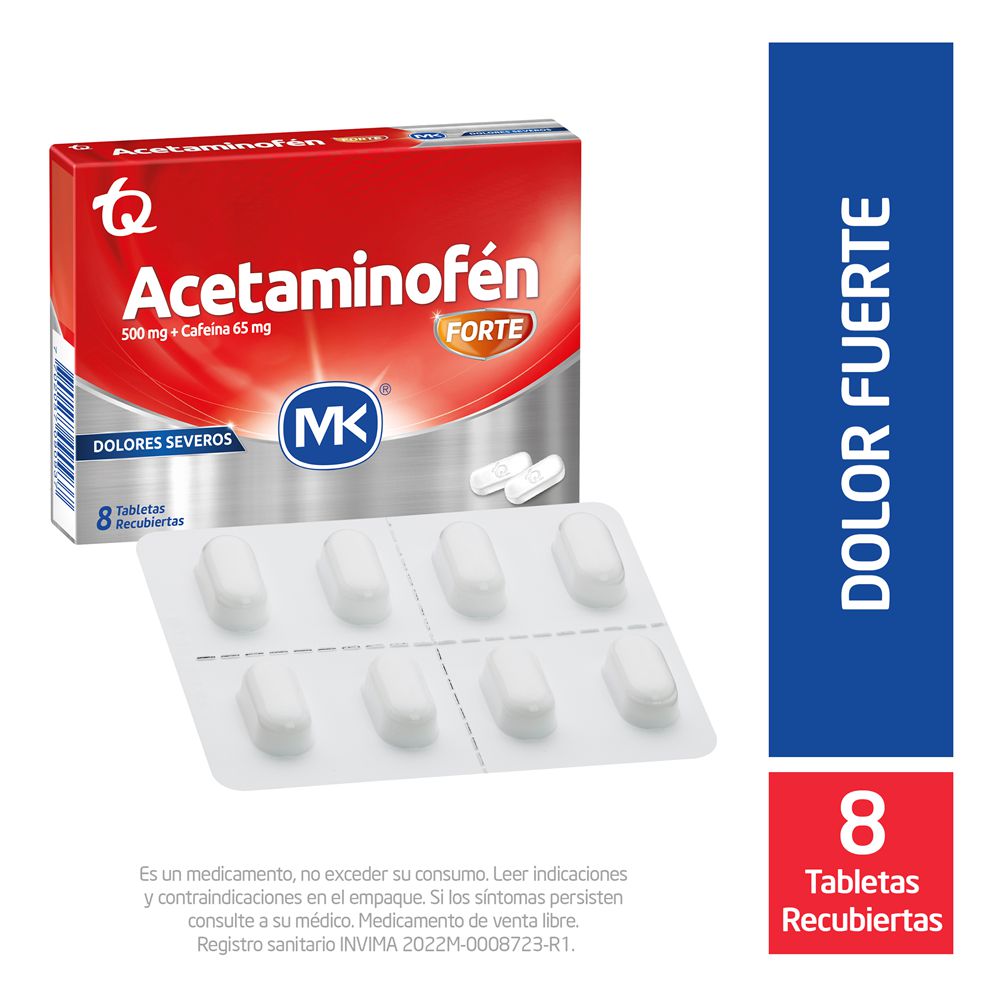 Tabletas recubiertas ACETAMINOFEN MK +cafeína dolores severos (8 und)