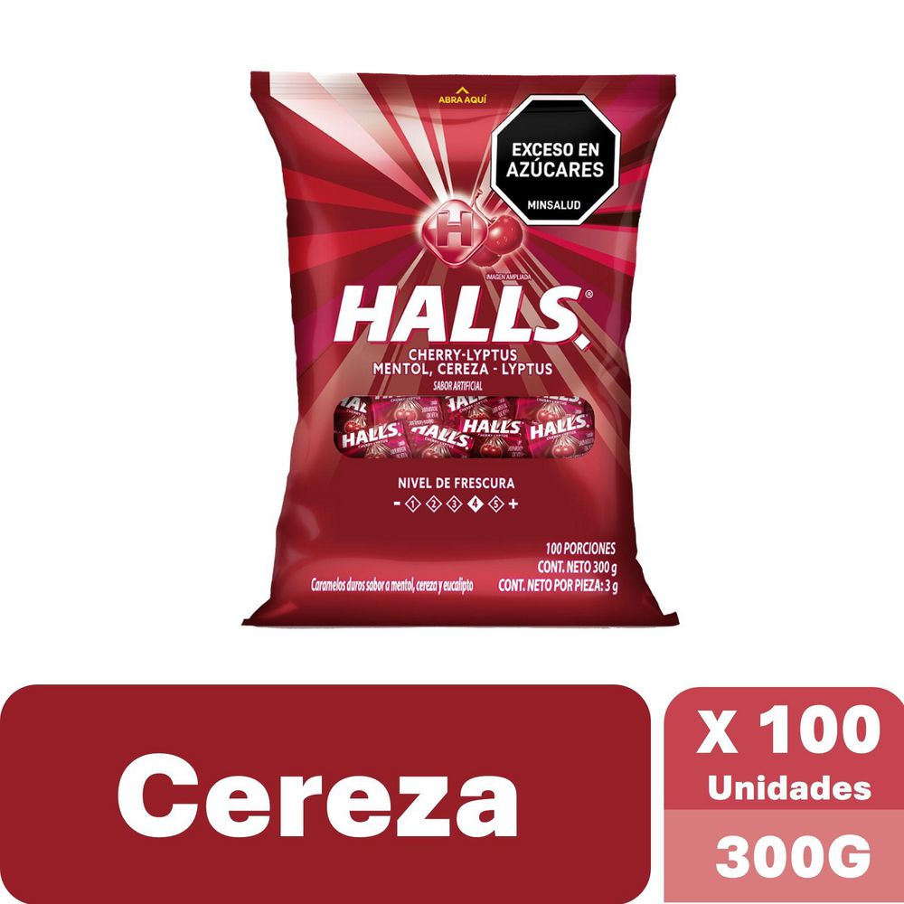 Caramelo HALLS cereza y eucalipto x10und (300 gr)