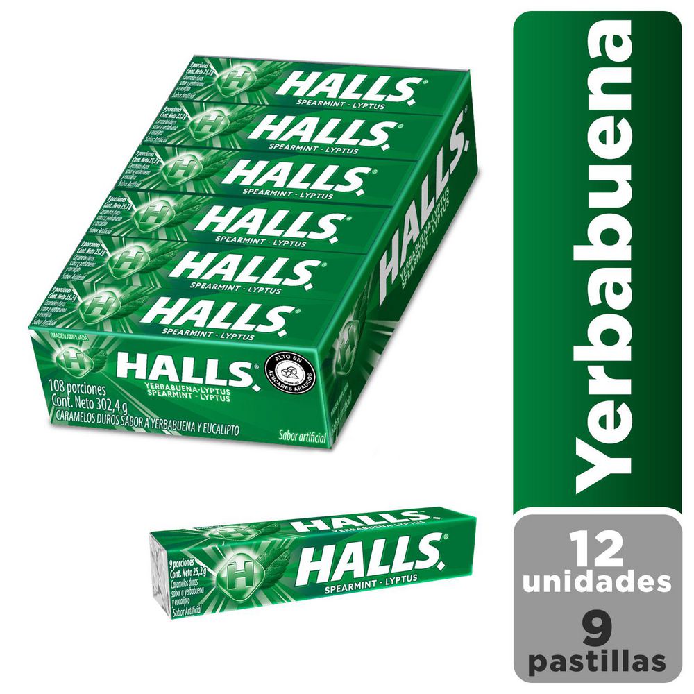 Caramelo HALLS yerbabuena y eucalipto x12und (302.4 gr)