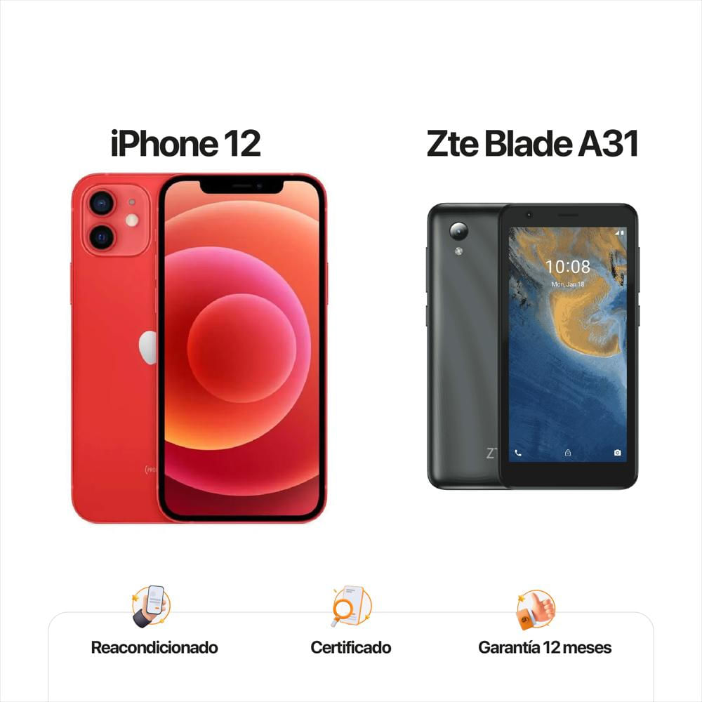Iphone 12 256Gb Rojo + Celular Zte A31 Lite 32Gb Reacondiconado Iphone 12 256Gb Rojo + Celular Zte A31 Lite 32Gb Reacondiconado