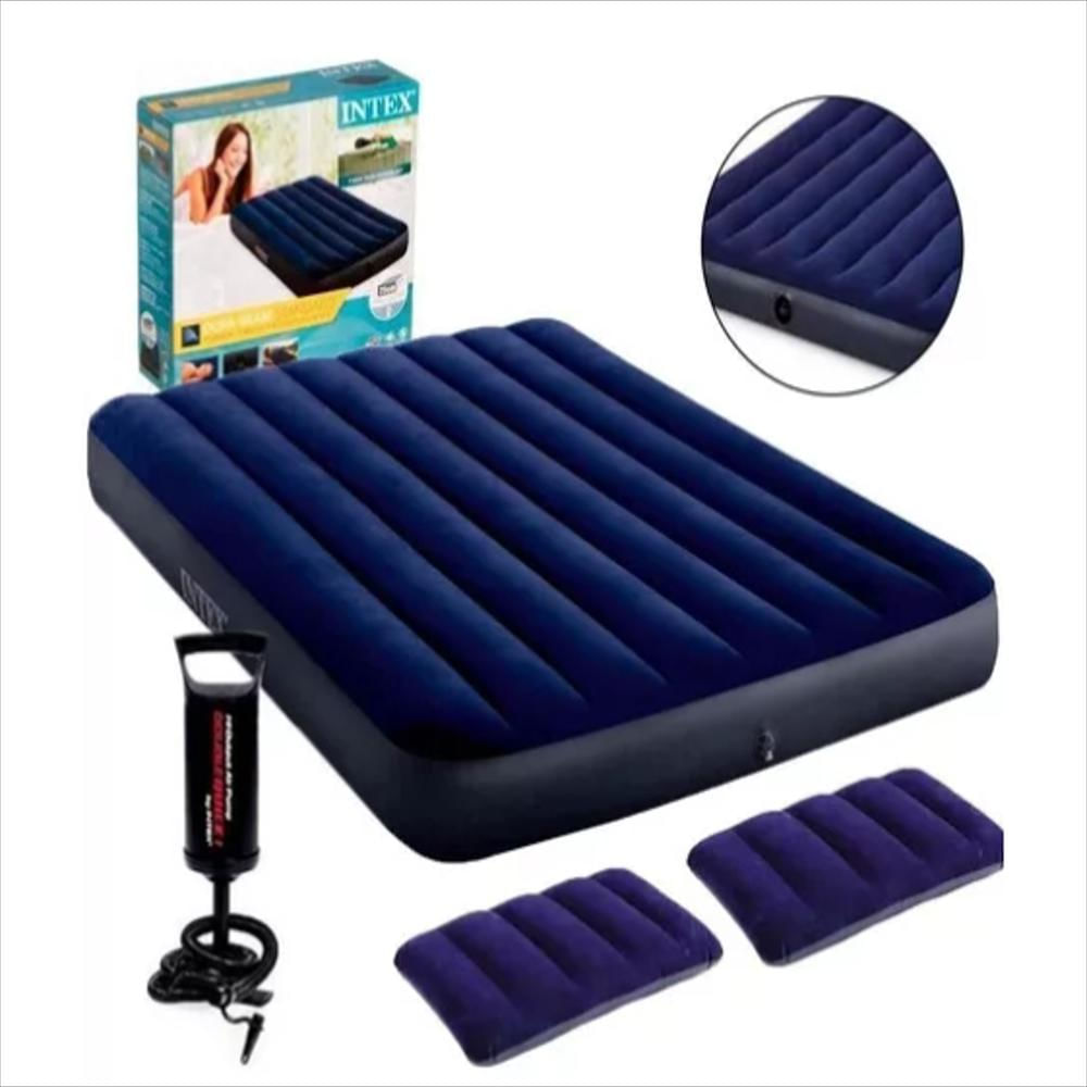 Colchon Inflable Campismo Bomba 2 Almohadas Queen Intex Color Azul