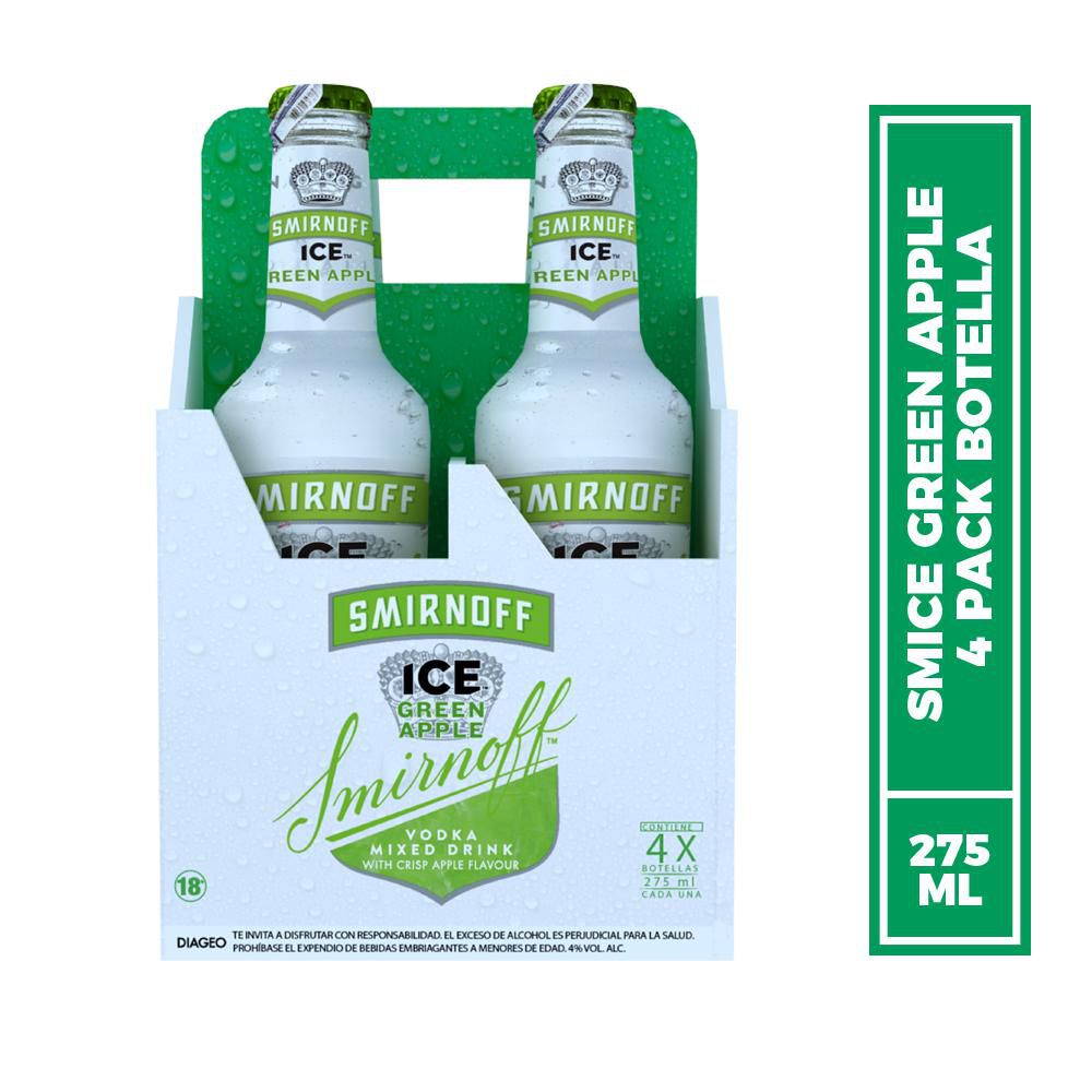Coctel SMIRNOFF ice green apple x4und en botella (275  ml)