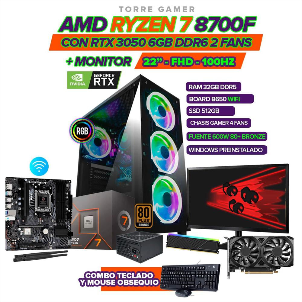 Pc Gamer Amd Ryzen 7 8700F Ram 32Gb Ddr5 Ssd 512Gb Rtx 3050 6Gb Ddr6 B650 Wifi Monitor Fhd 100Hz 22 Pulgadas