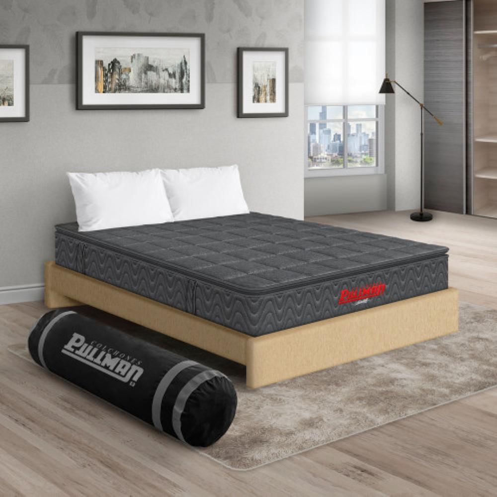 Combo Pullman Sencillo (100X190) Orthopack Btu + Base Cama + Almohada Gris | Beige Tela img #1