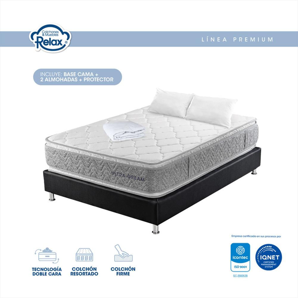 Combo Colchón Relax Queen (160X190x32cm) Ultra Dream Resortado Firme Ortopédico + Base Cama + 2 Almohadas + 1 Portector