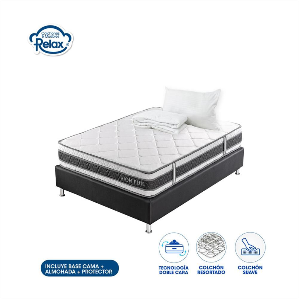Combo Colchón Relax (100X190) Sencillo High Plus Resortado Semisuave + Base Cama + Almohada + Protector