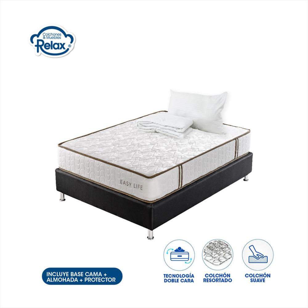 Combo Colchón Relax (120X190cm) Semidoble Easy Life Resortado Suave + Base Cama + Almohada + Protector