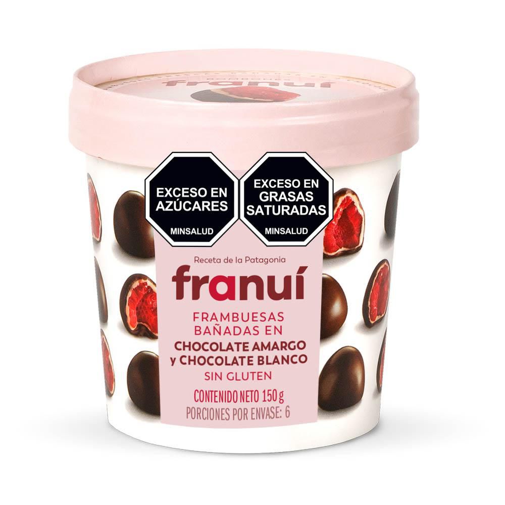 Frambuesas Congeladas FRANUI bañadas chocolate blanco y amargo (150 gr)