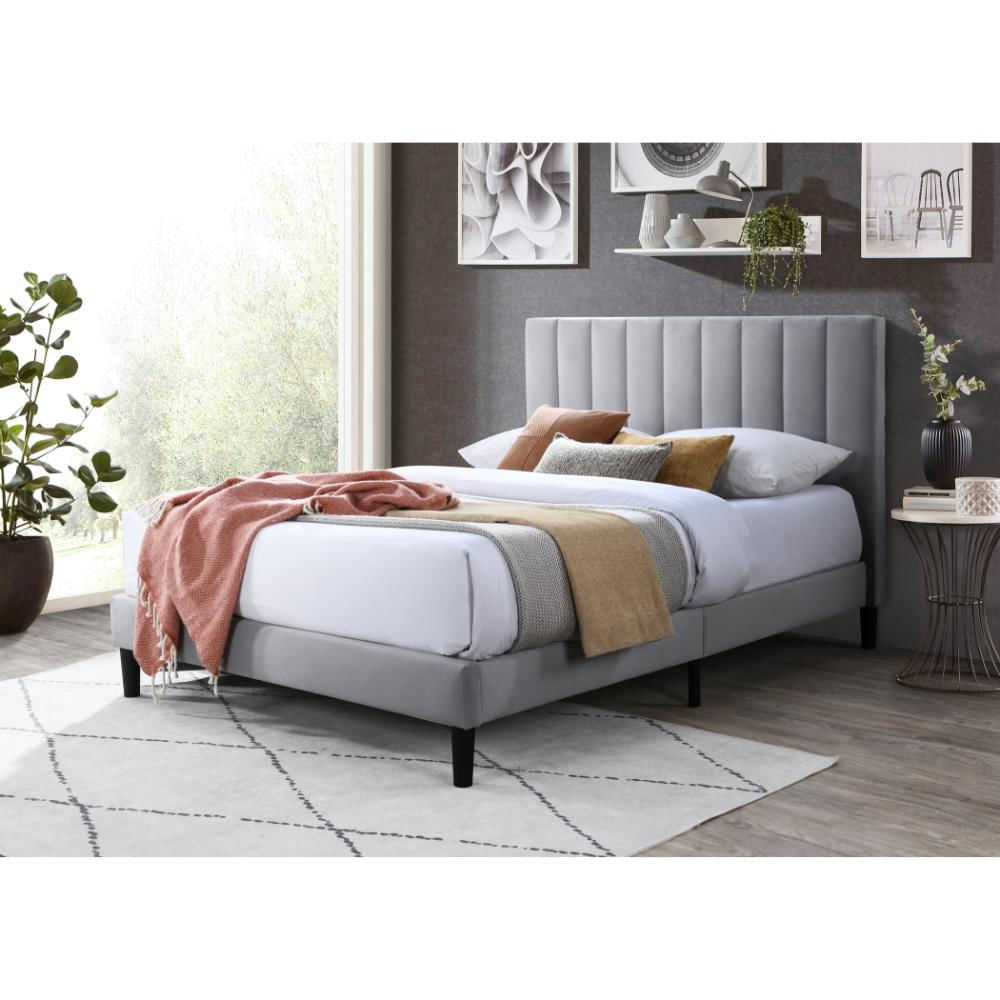 Cama Doble Lisa, Gris Claro, Madera Roble Tapizada img #2