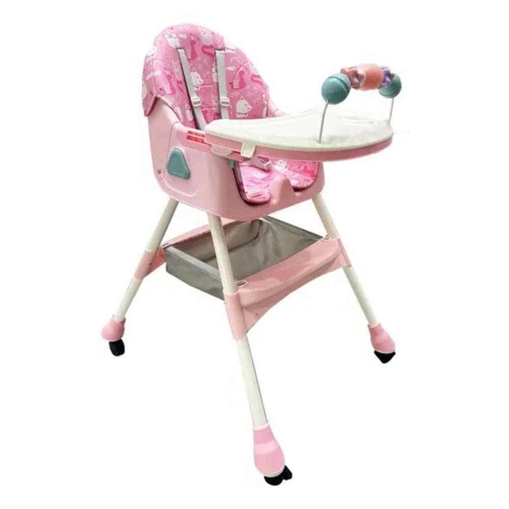 Silla Comedor De Bebe Plegable Reclinable Doble Bandeja Mecedora Color Rosado