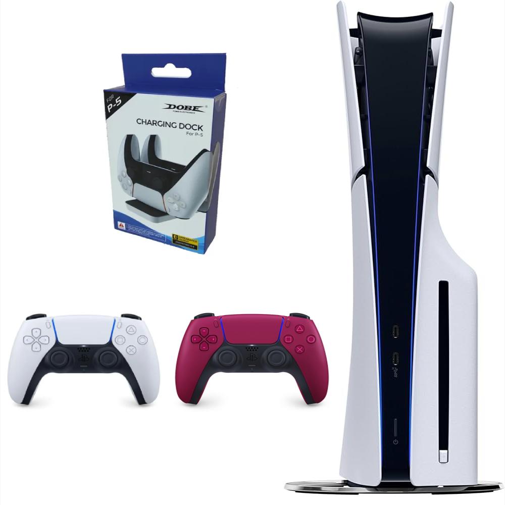 Consola Playstation 5 Slim De Disco Con Control Blanco Y Control Rojo + Base De Carga Doble