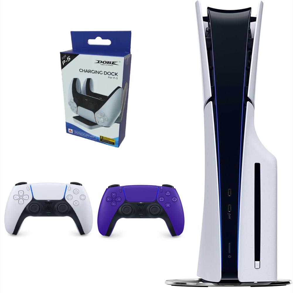 Consola Playstation 5 Slim De Disco Con Control Blanco Y Control Purpura + Base De Carga Doble