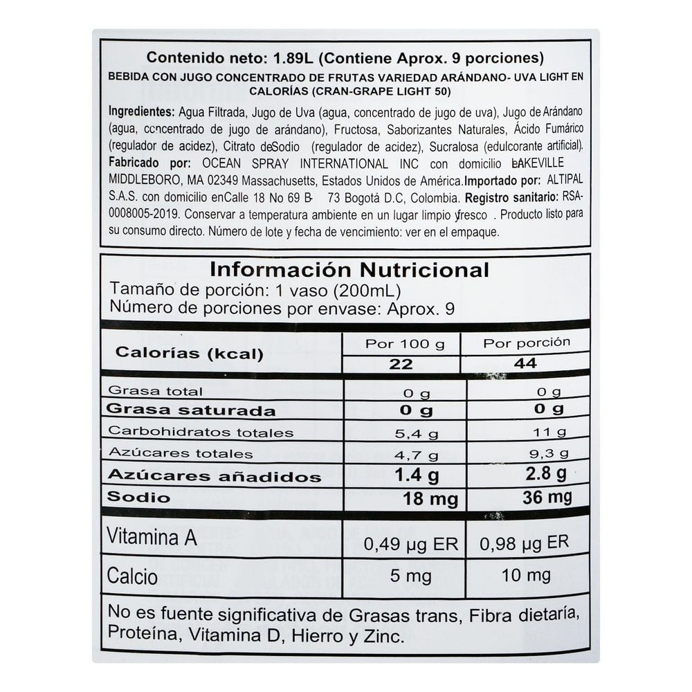 Bebida OCEAN SPRAY JUGO ARANDANO UVA LIGHT (1.89  lt) img #2