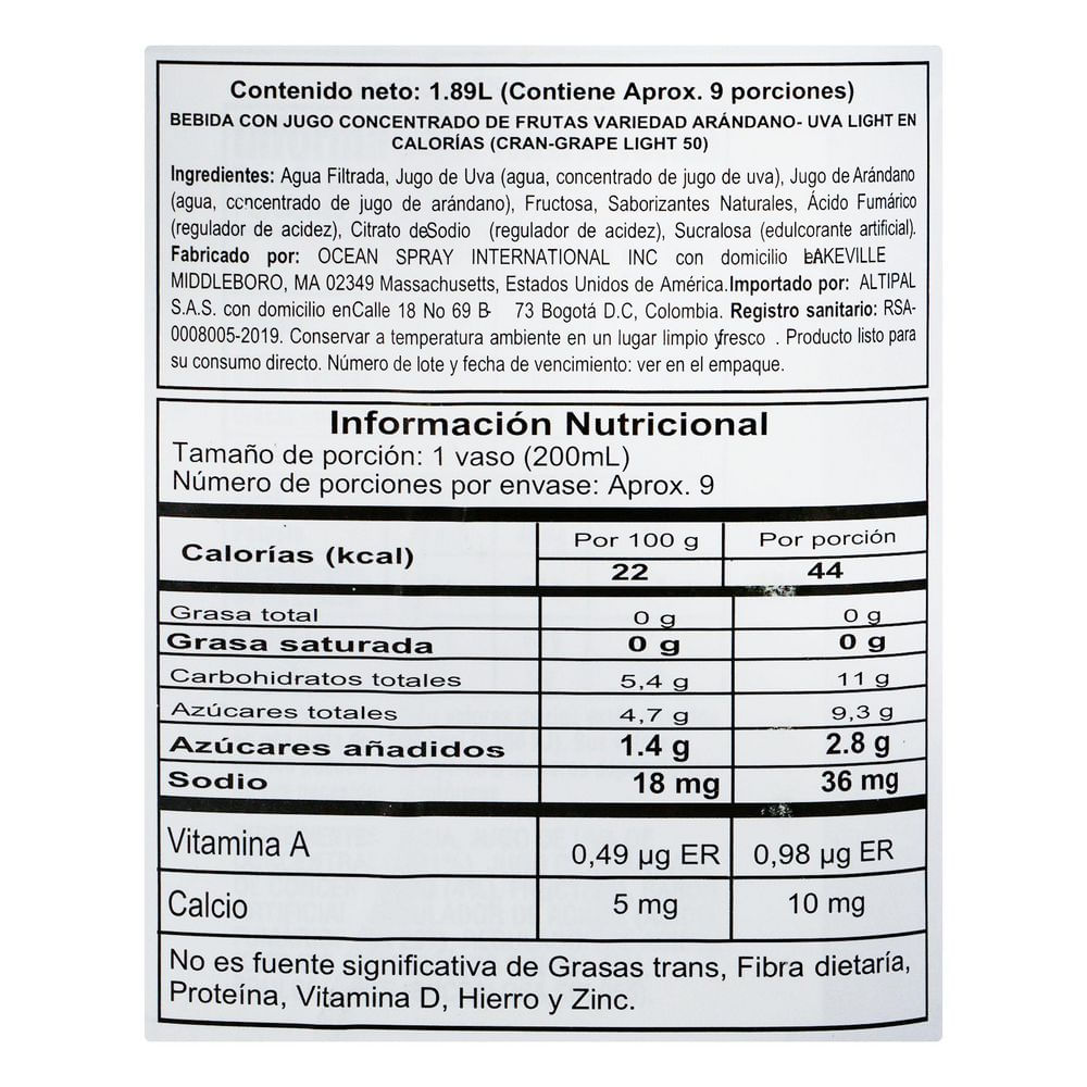 Bebida OCEAN SPRAY JUGO ARANDANO UVA LIGHT (1.89  lt) img #3
