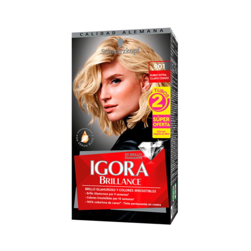 Tinte IGORA BRILLANCE 901 rubio extra claro cenizo (2 und)