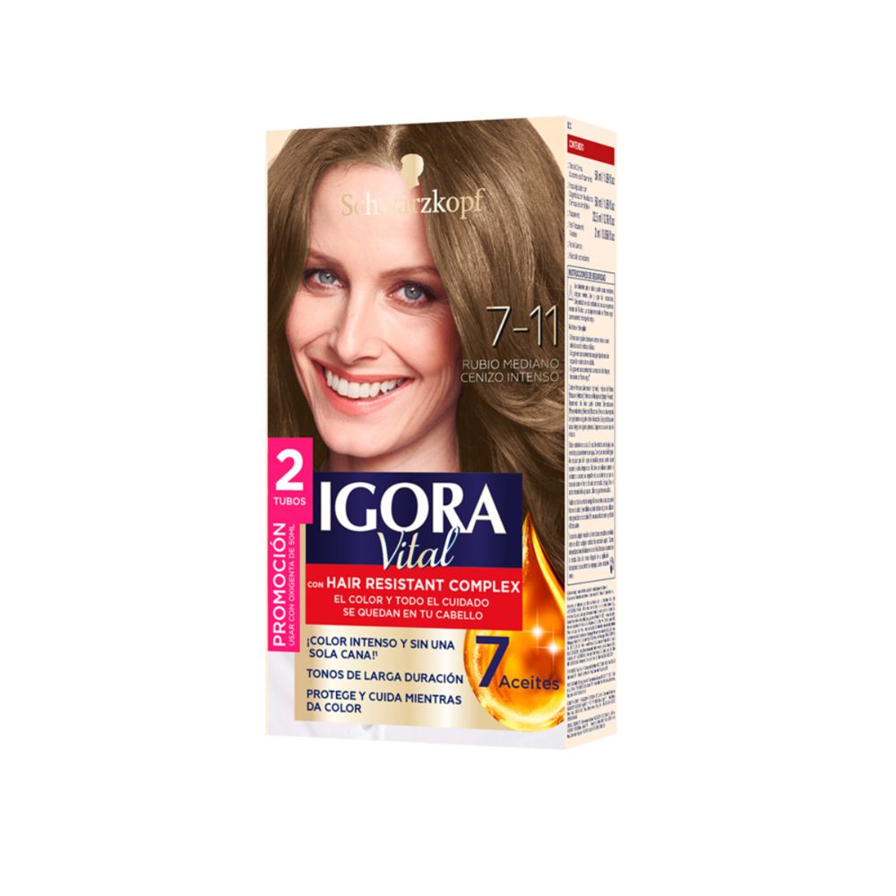 Tinte IGORA VITAL 711 rubio medio cenizo intenso (2 und)