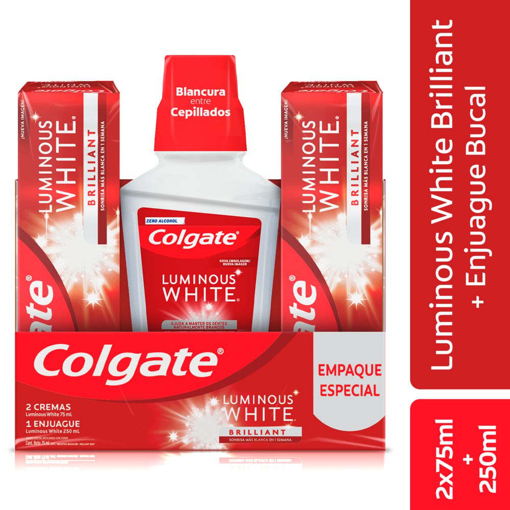 Crema dental + enjuague bucal COLGATE luminous white brilliant (400 ml)