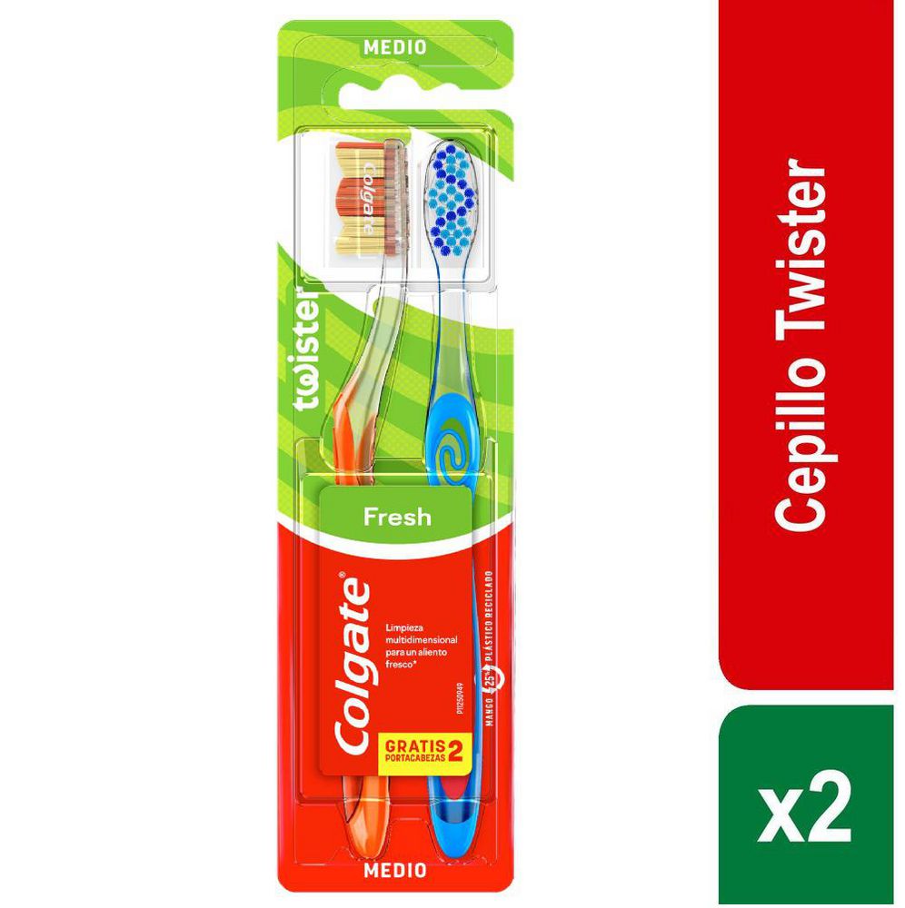 Cepillo de dientes COLGATE twister medio + 2 portacabezas (2 und)