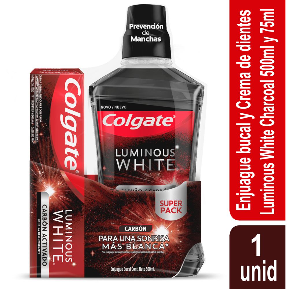 Enjuague Bucal + Crema Dental COLGATE Luminous White Carbón (575 ml)