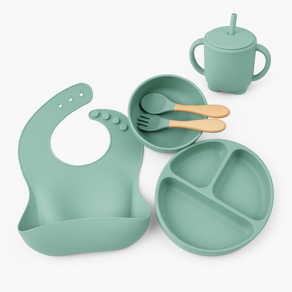 Set De Vajilla De Silicona Para Bebé Antideslizante Verde