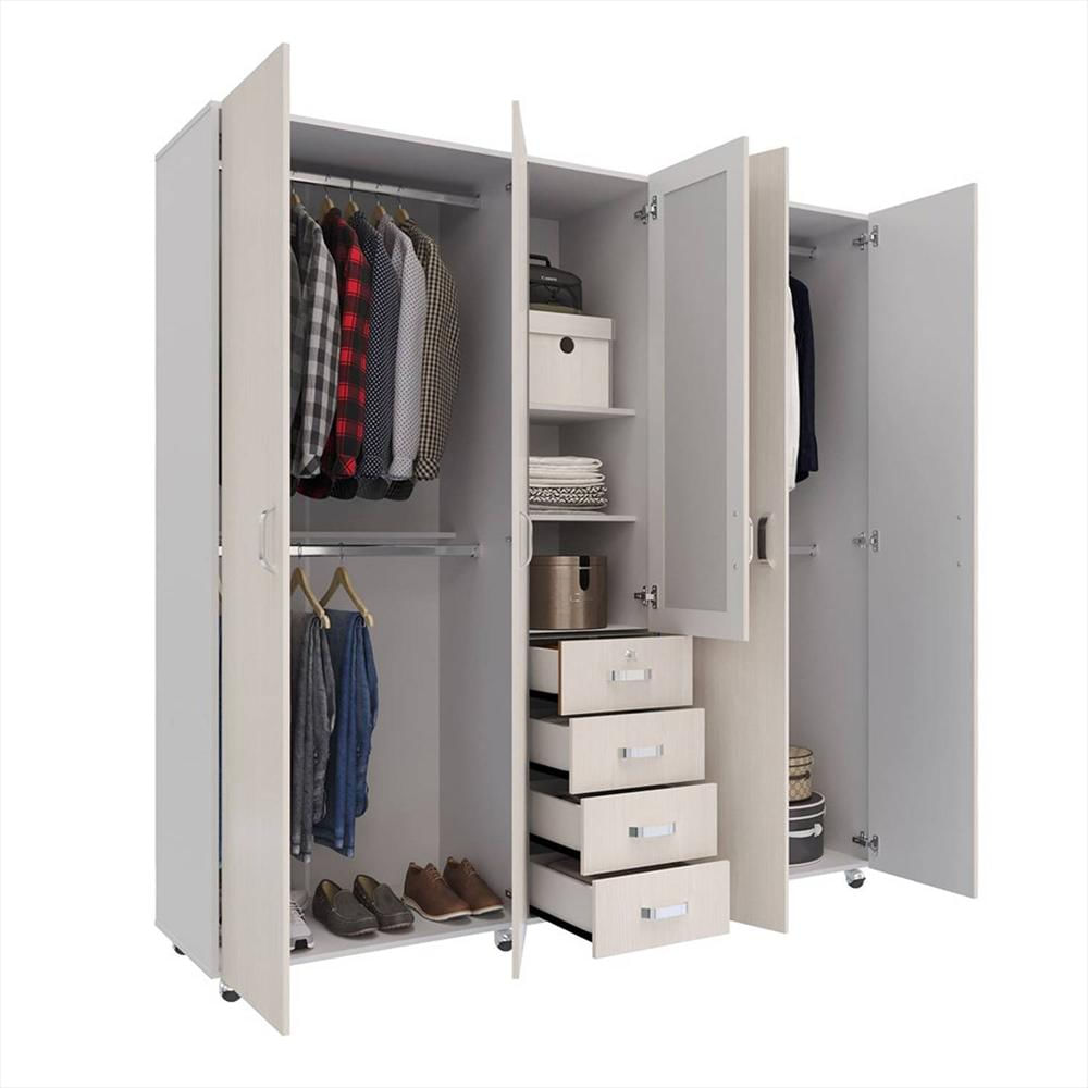 Closet Atlas Niebla 200 Cm Con Espejo, Cinco Puertas Y Cuatro Cajones