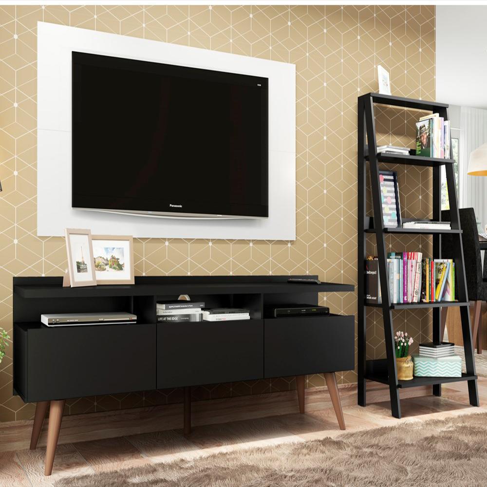 Kit Centro De Entretenimiento Para Tv Londres Mesa Y Panel + Mueble Estante Librero Negro/Blanco img #2