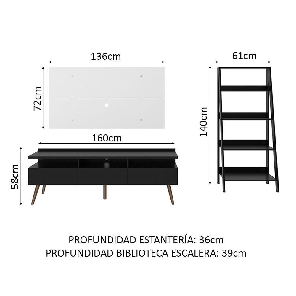 Kit Centro De Entretenimiento Para Tv Londres Mesa Y Panel + Mueble Estante Librero Negro/Blanco img #4