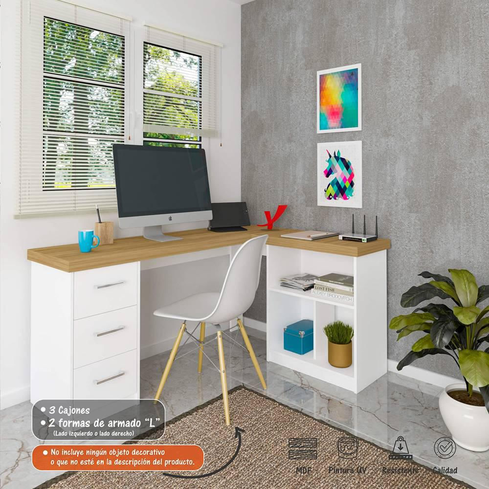 Escritorio En L Mali Blanco 154 Cm Con Cajones Y Entrepaños img #5