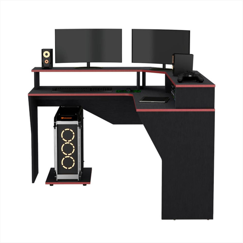 Escritorio Gamer Invictor, Wengue Y Rojo, Con Espacio Adicional Para Pantallas