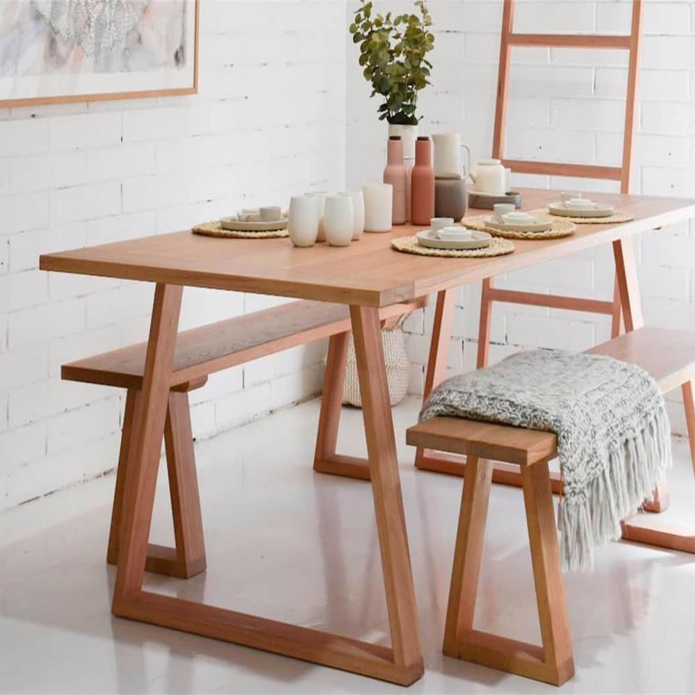Juego Comedor Atomic En Roble Natural Macizo 120X60cm 2 Bancos