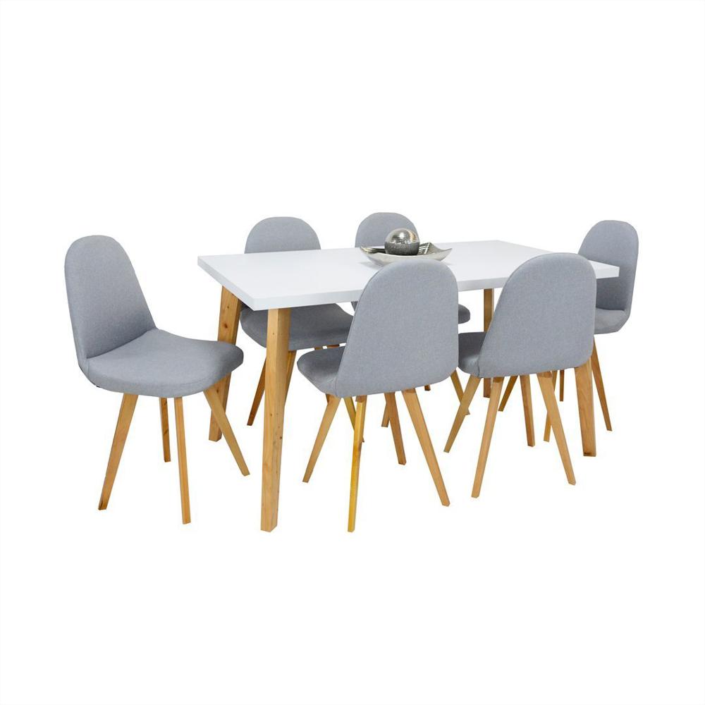 Juego Comedor Blanco 6 Puestos + Sillas Tapizadas Gris
