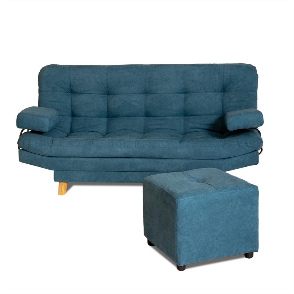 Sofa Cama Valencia Azul Acqua 3 Puestos + Puff