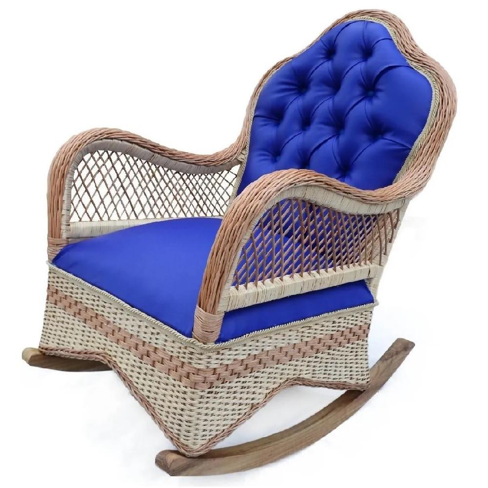 Silla Mecedora En Madera Y Mimbre Natural Color Azul