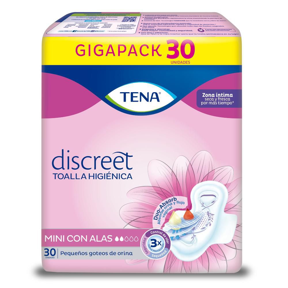 Toallas higiénicas TENA Mini con alas goteos de orina (30 und)