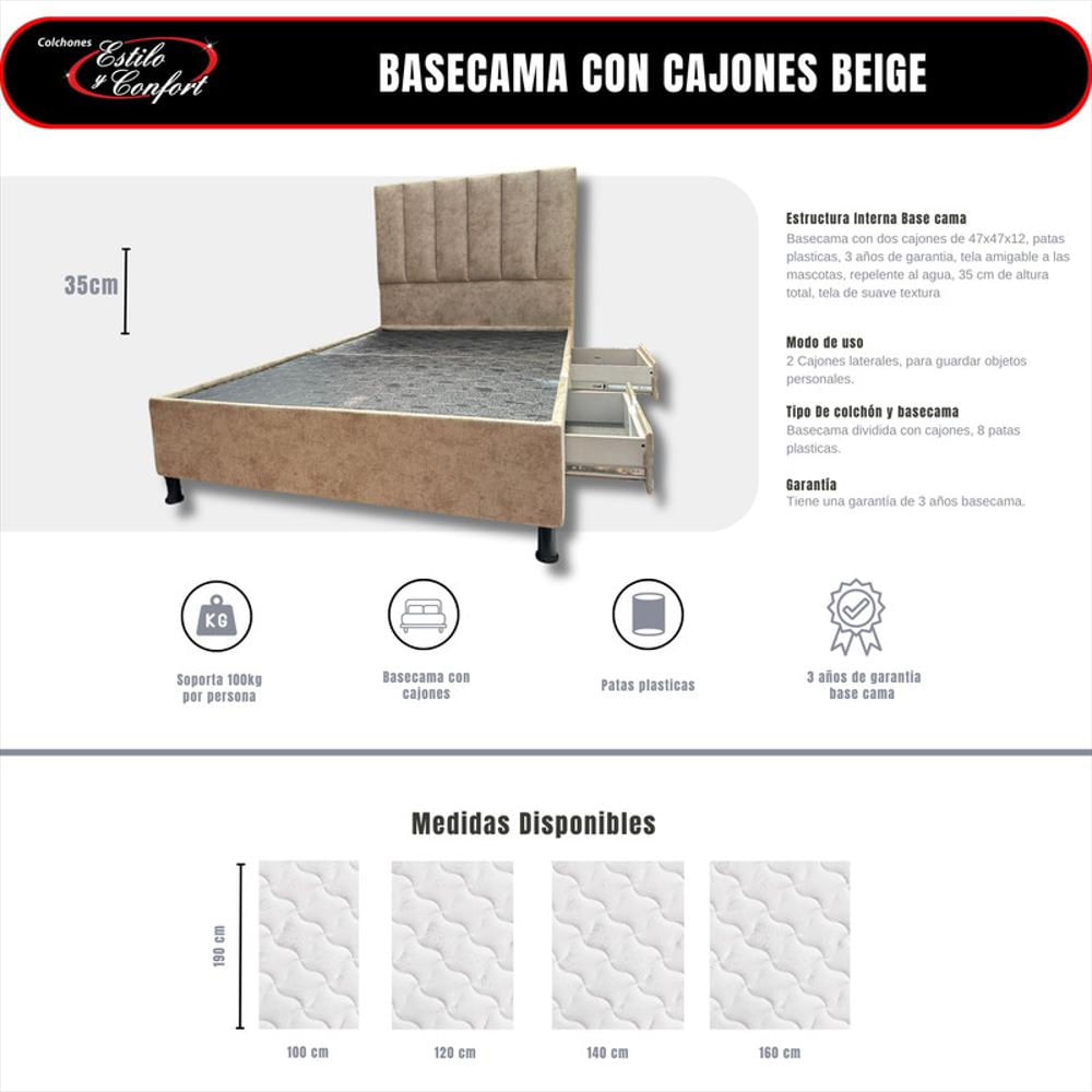 Basecama Con Cajones + Cabecero Beige 160X190