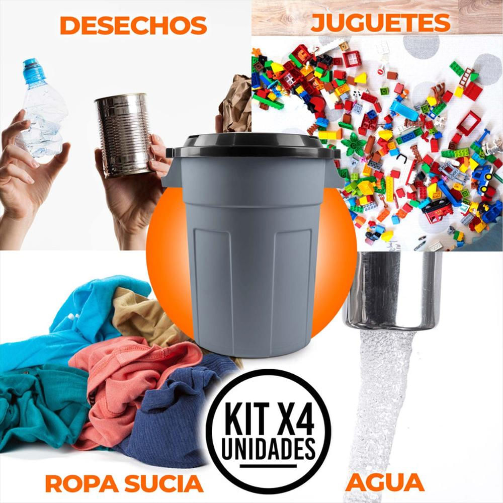 Kit X4 Canecas Tanque Grande Multiuso Plástica 70L Con Tapa Gris img #4