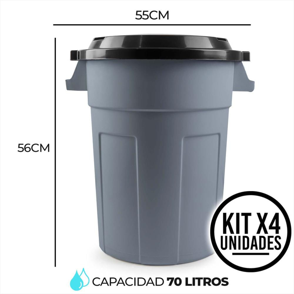 Kit X4 Canecas Tanque Grande Multiuso Plástica 70L Con Tapa Gris img #5