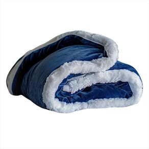 Cobija Lisa Piel De Durazno Con Ovejera Cama Queen Color Azul Oscuro