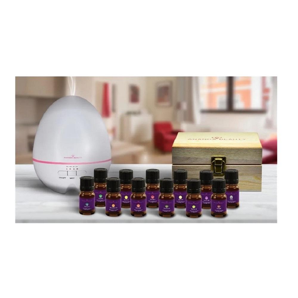 Difusor Aroma Humidificador 400Ml Blanco+12 Esencias + Caja Madera