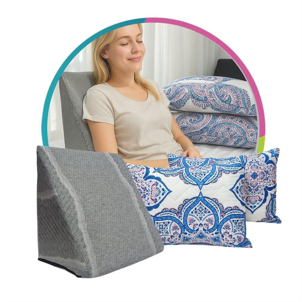 Set Descanso Cojin Triangular Ortopédico + 2 Almohadas Estampadas 65 X 45Cm Hogareto