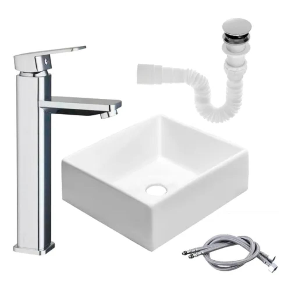 Kit Lavamanos Cuadrado Blanco + Grifo Monocontrol Cuadrada Cromo + Desagüe De Push Accesorios Baño Herraje