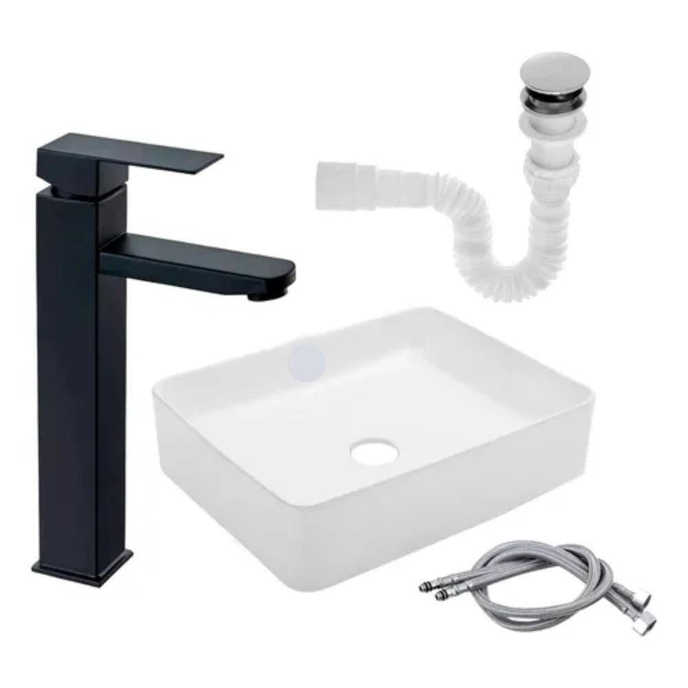 Kit Lavamanos Rectangular Blanco + Grifo Monocontrol Cuadrada Negro + Push Flexible Tapa Cromada Baño