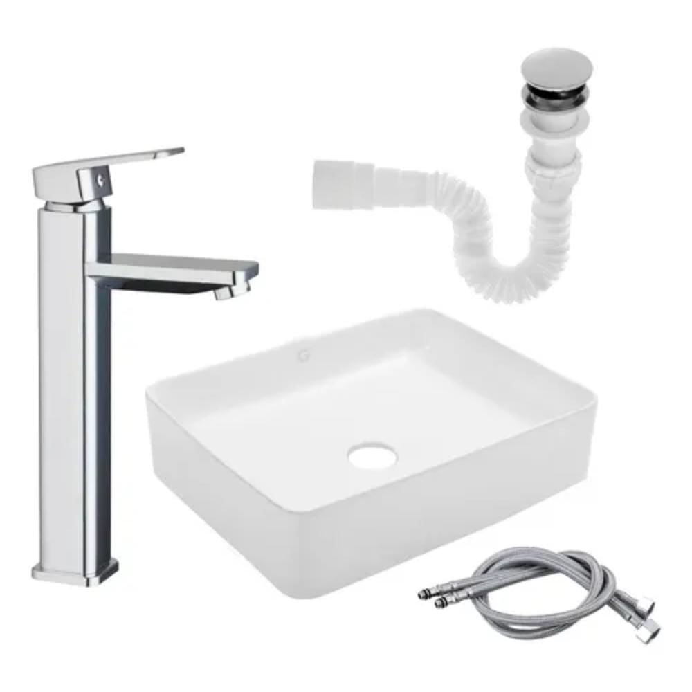 Kit Lavamanos Rectangular Blanco + Grifo Monocontrol Cuadrada Cromo + Push Flexible Accesorios Baño