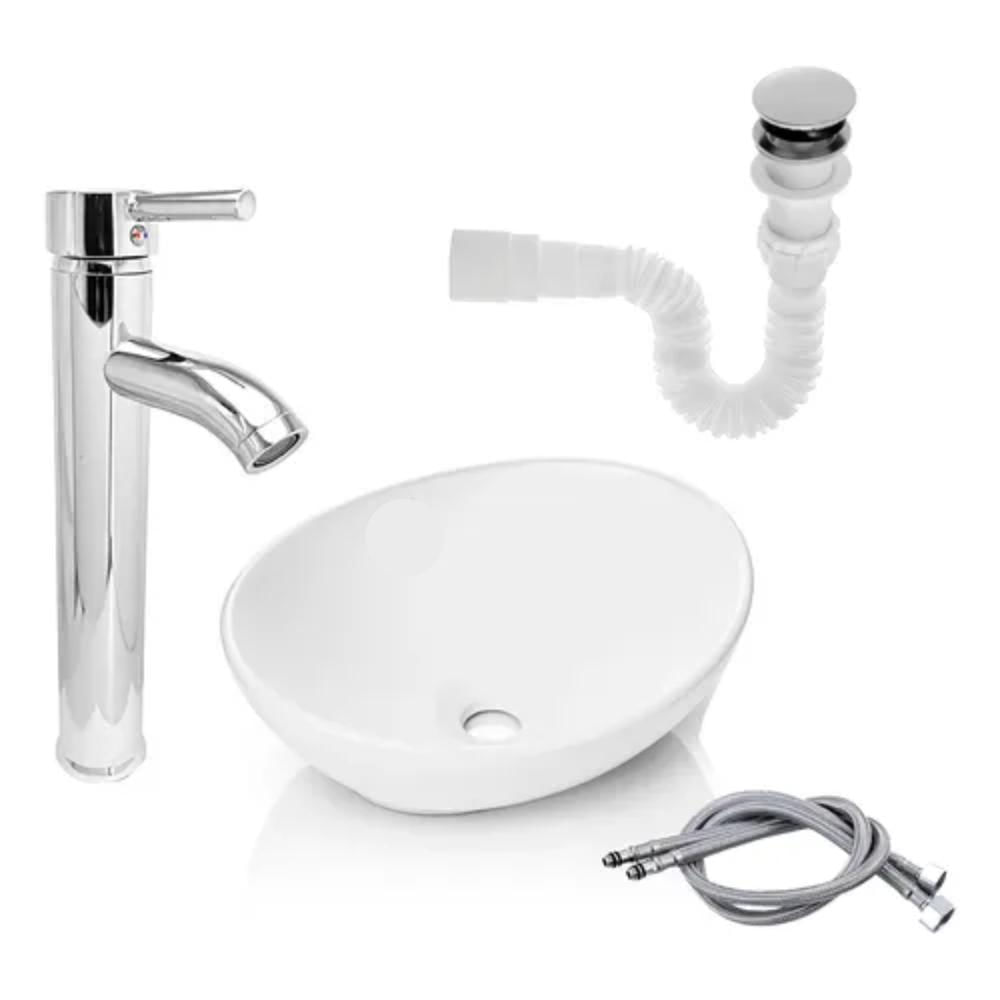 Kit Lavamanos + Grifo Monocontrol Cromada Curva + Push Flexible Y Acople Baños Accesorios Herraje