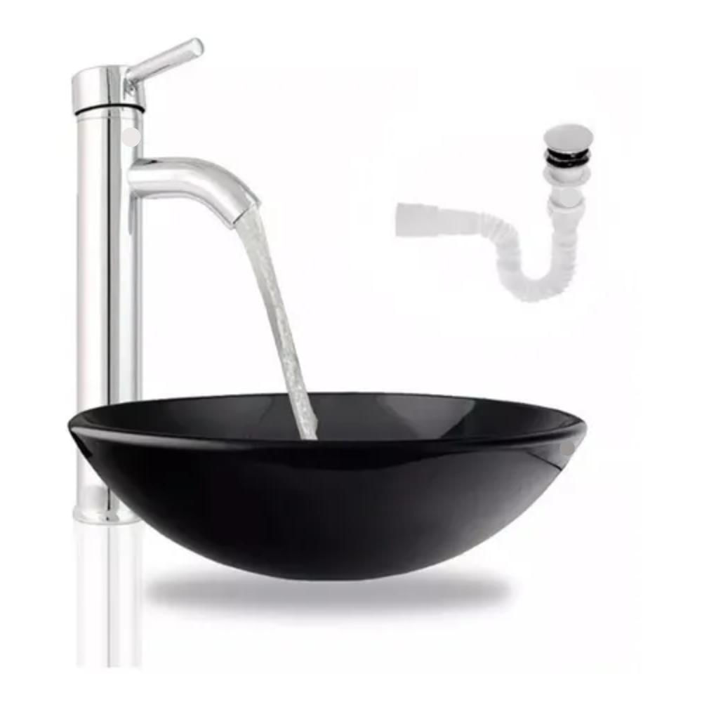 Kit Lavamanos Cristal Negro + Griferia Monocontrol + Desague Push Flexible Accesorios Baño Herraje Ferreteria