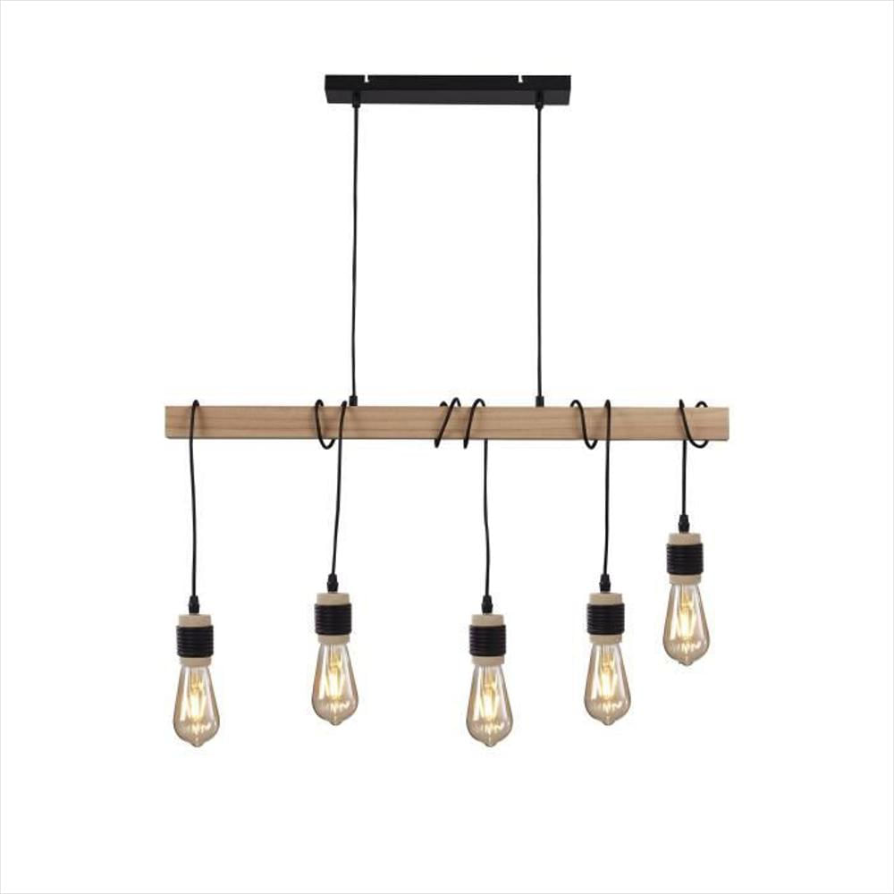 Lámpara Colgante Industrial 5 Cabezales De Madera 7 X 90 X H150 Negro E27 40W Bombillas Decorativas Suministradas
