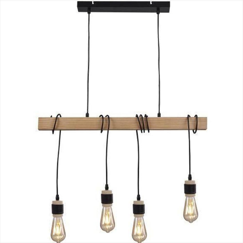 Lámpara Colgante Industrial 4 Cabezales De Madera 7 X 70 X H150 Negro E27 40W Bombillas Decorativas Suministradas