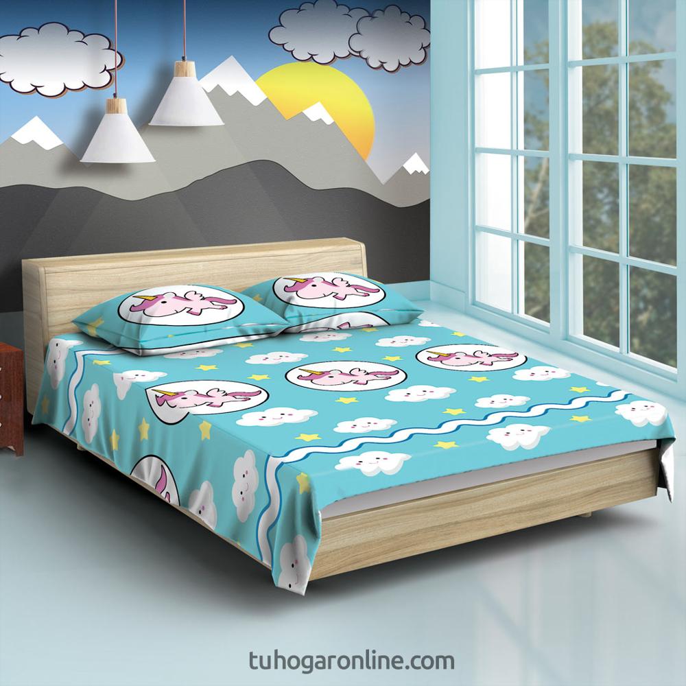 Juego De Sabanas Infantil Microfibra Sencilla 100 Cm Azul Con Unicornios Y Nubes