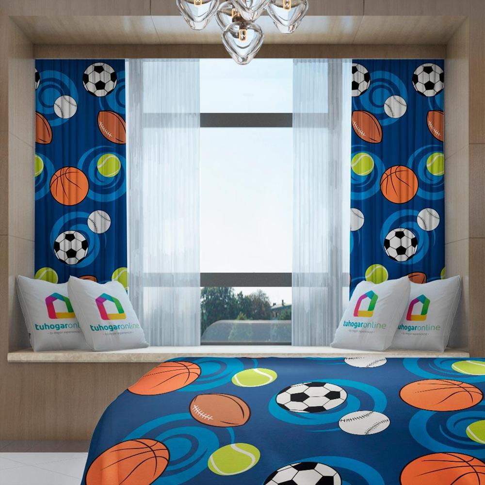 Combo Juego De Sabanas Y Cortina Microfibra Sencilla 100 Cm Azul Con Balones