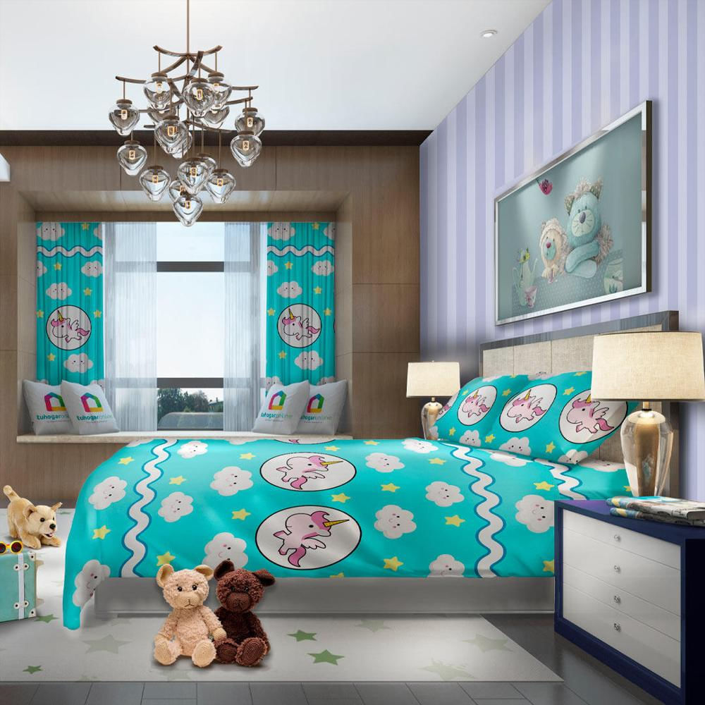 Oferta Juego De Sábanas Con Cortinas Infantil Cama Doble Unicornio Azul Y Nubes